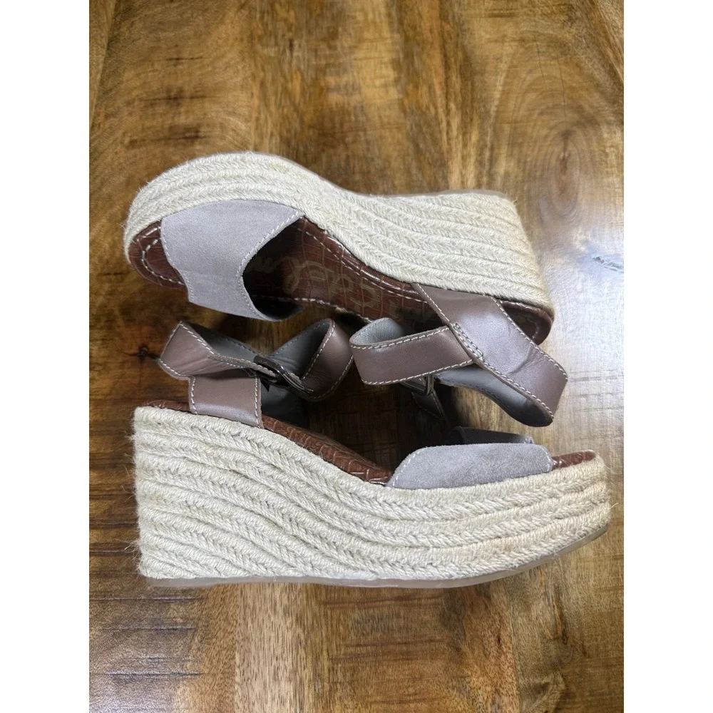 Sam Edelman Womens Size 6.5 Gray Suede Espadrille Wedge Sandals Ankle Strap